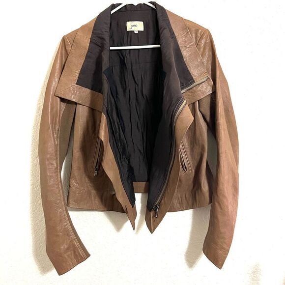 June Brown Leather Biker Moto Jacket Coat Wool Blend Knit Sleeve Size M - Picture 10 of 15